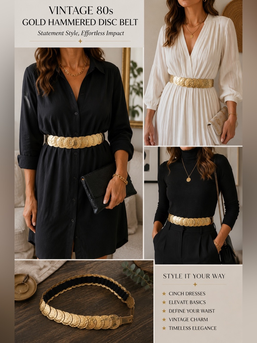 Vintage 80s Gold Hammered Disc Stretch Belt | Statement Gold Waist Cinch